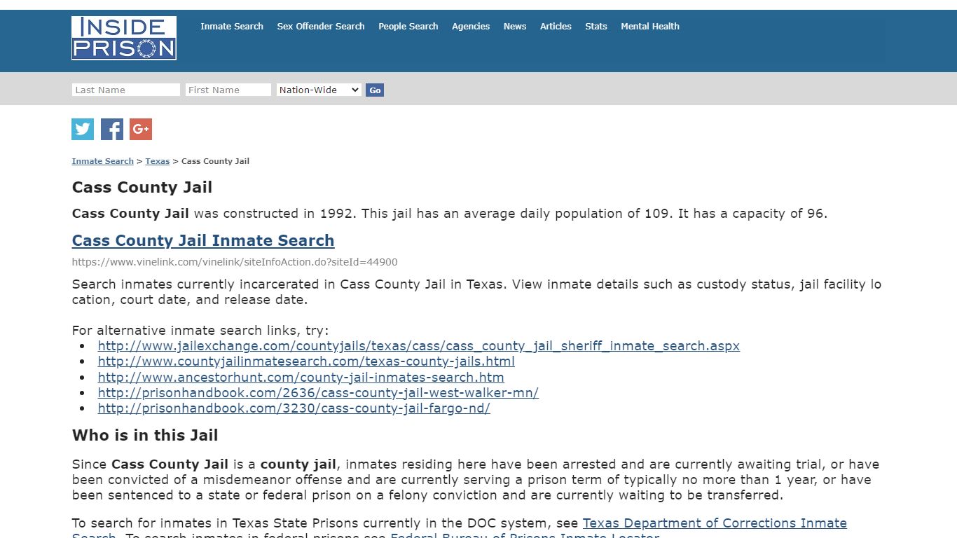 Cass County Jail - Texas - Inmate Search - Inside Prison